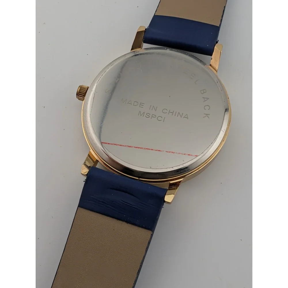 MSPCI‎ Glitter Dial Women's Watch 36mm Gold Case Blue Faux Leather Band- Working